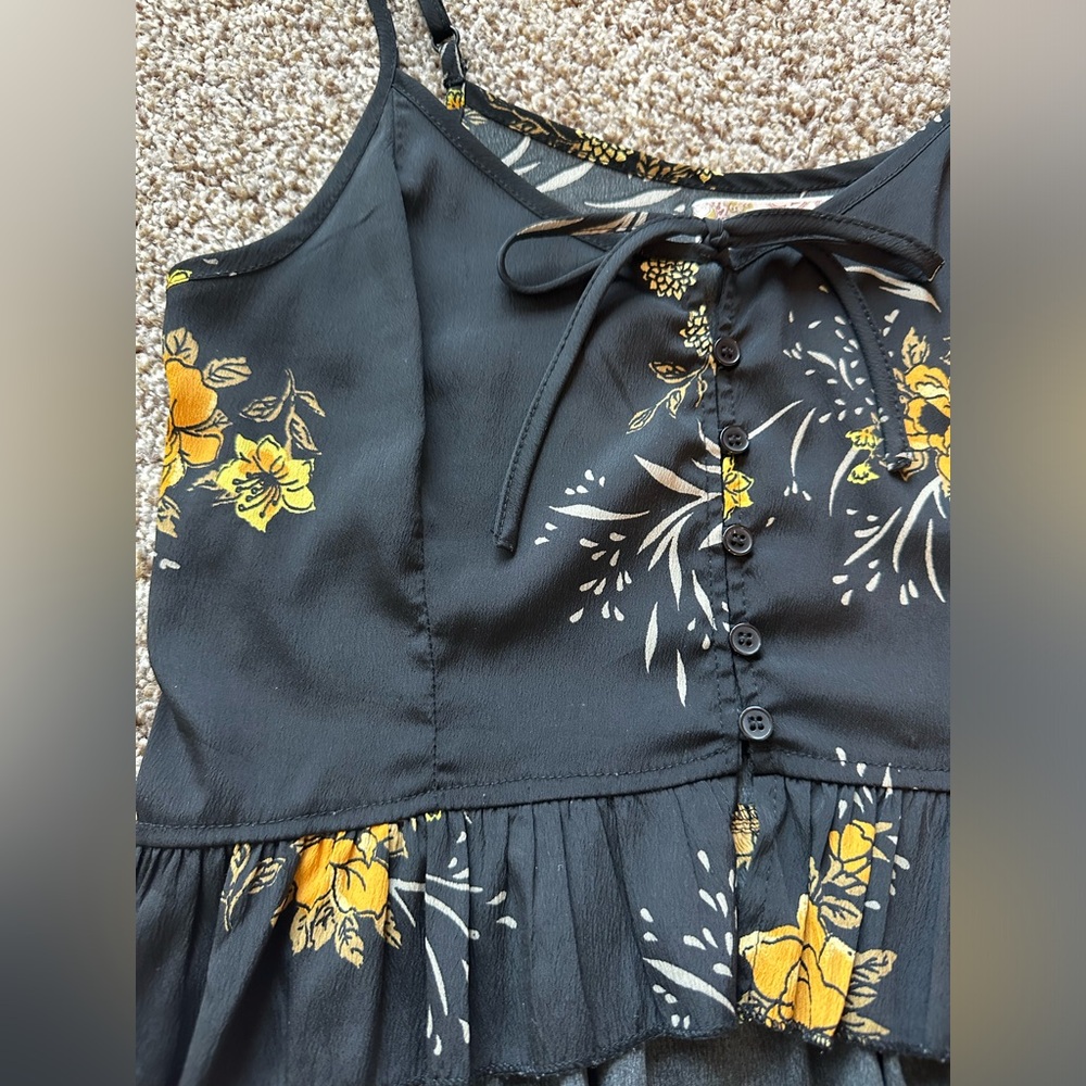 Black Tank w/ Buttons, Yellow/Gold Flowers